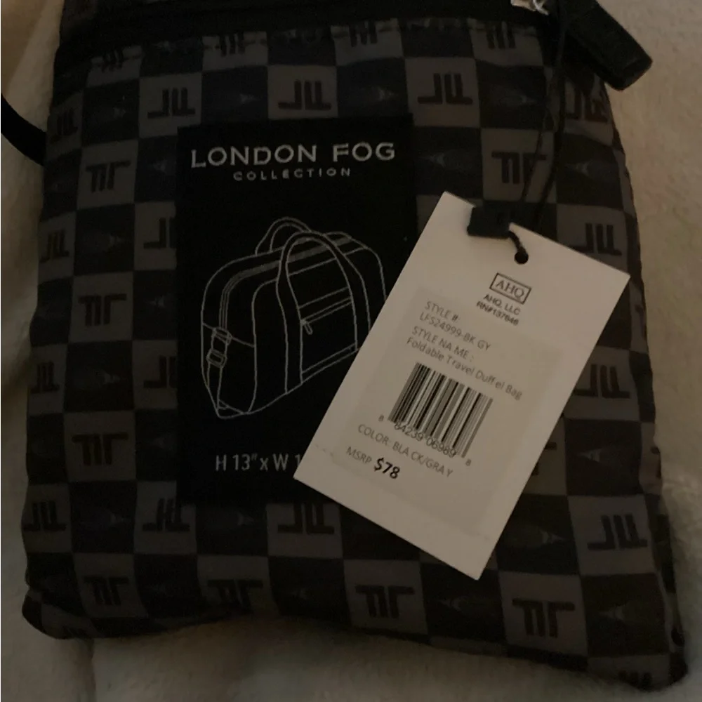 London Fog MSRP $78 foldable duffle Black and Gray Logo-Print Duffel Bag. NWT